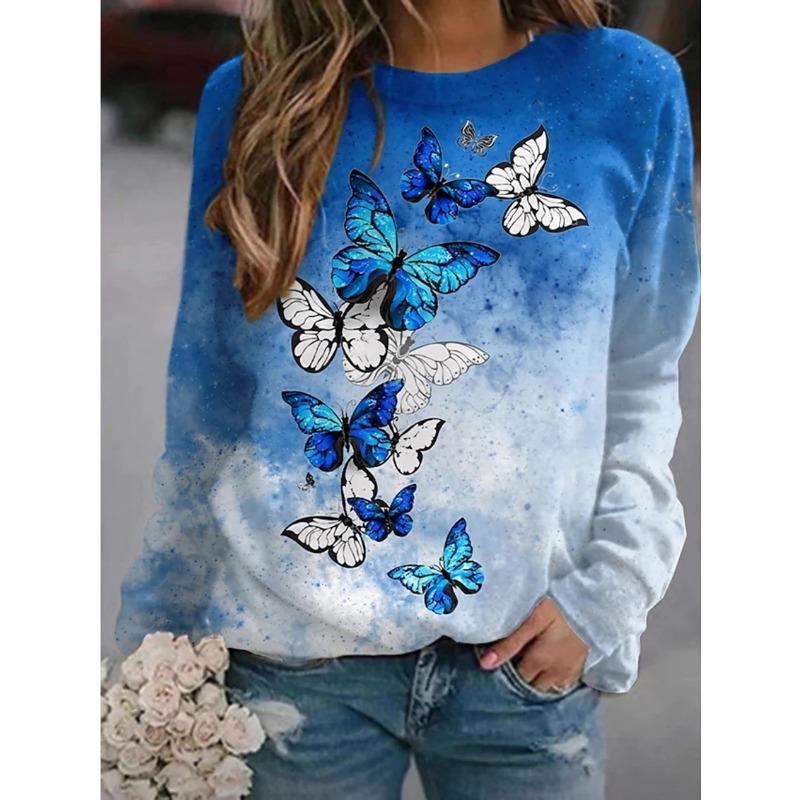 YYFS Women's Fashion Casual Spring Autumn Flower Pattern Print Long Sleeve O-Neck Blouses & Shirts