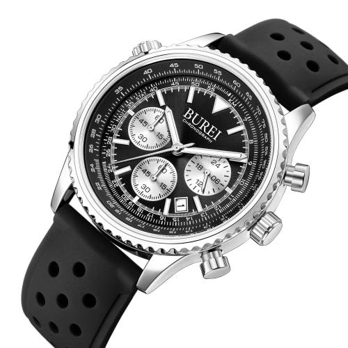BUREI Men's Quartz Chronograph Watch, Waterproof, Analog, Date Display, Urethane Strap, Black, Gift for Men