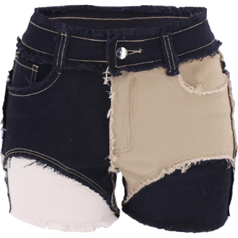 Multicolor European and American Mid-Waist Skinny Patchwork Frayed Women s Denim Shorts 2XL чёрный