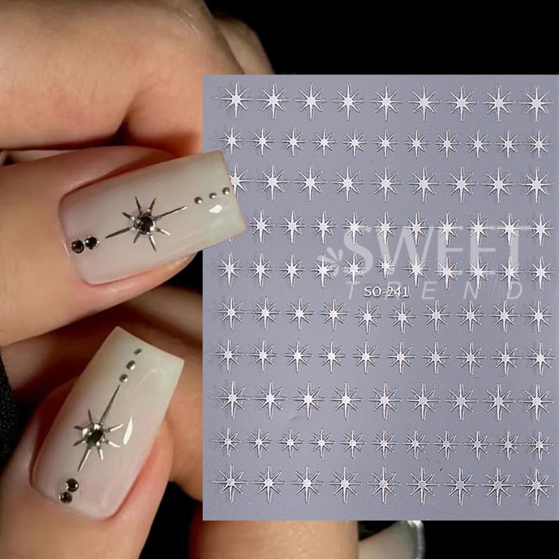 Hot Selling Star Nail Stickers Ins Style Silver Foil 8 Point Star Black White Self Adhesive Decals for Manicure