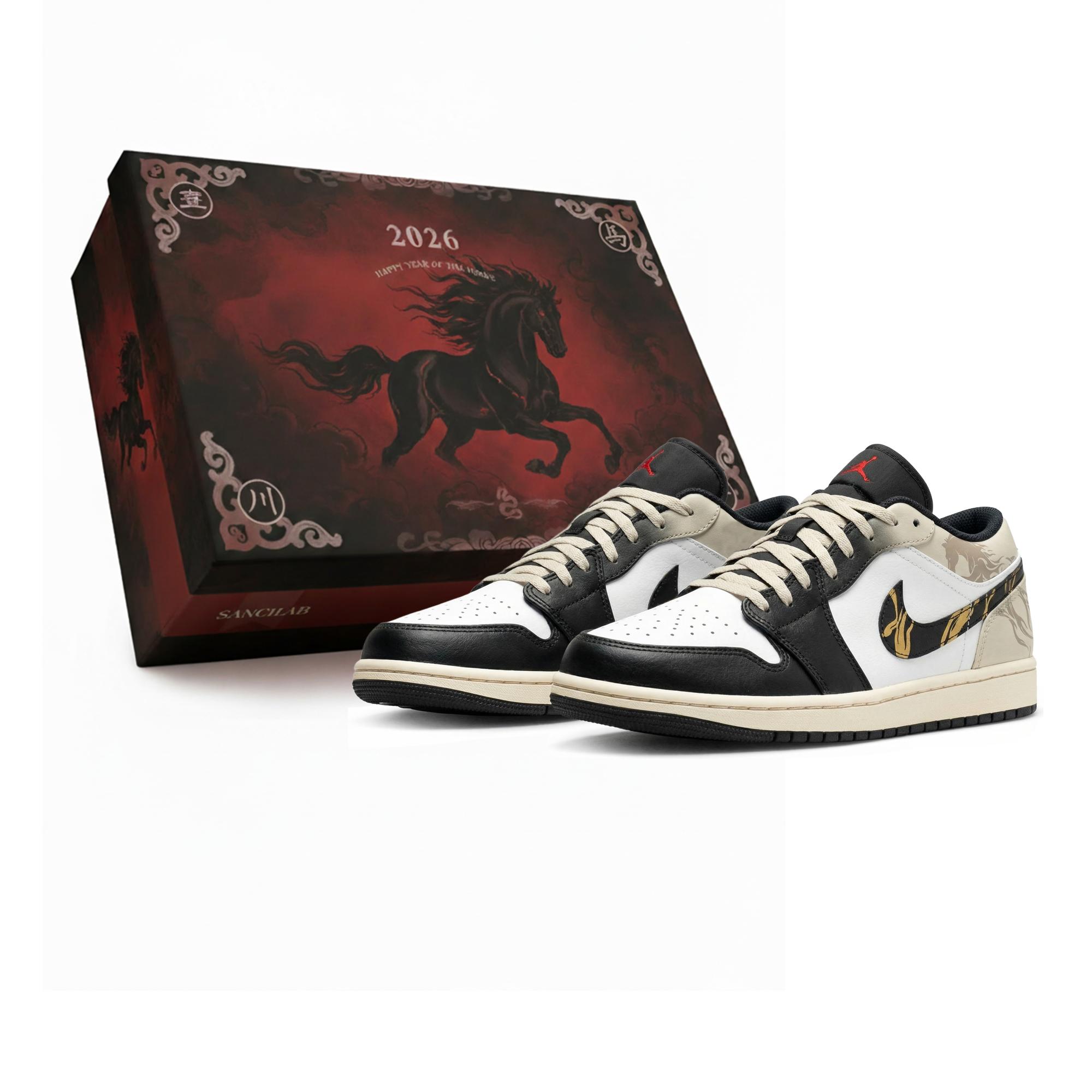 Jordan Air Jordan 1 Low CNY Horse Year, Three Times Laboratory, Plain Horse With Gold Inlay, Box Abrasion Resistant 553558-040(Team-S-BOX) 46