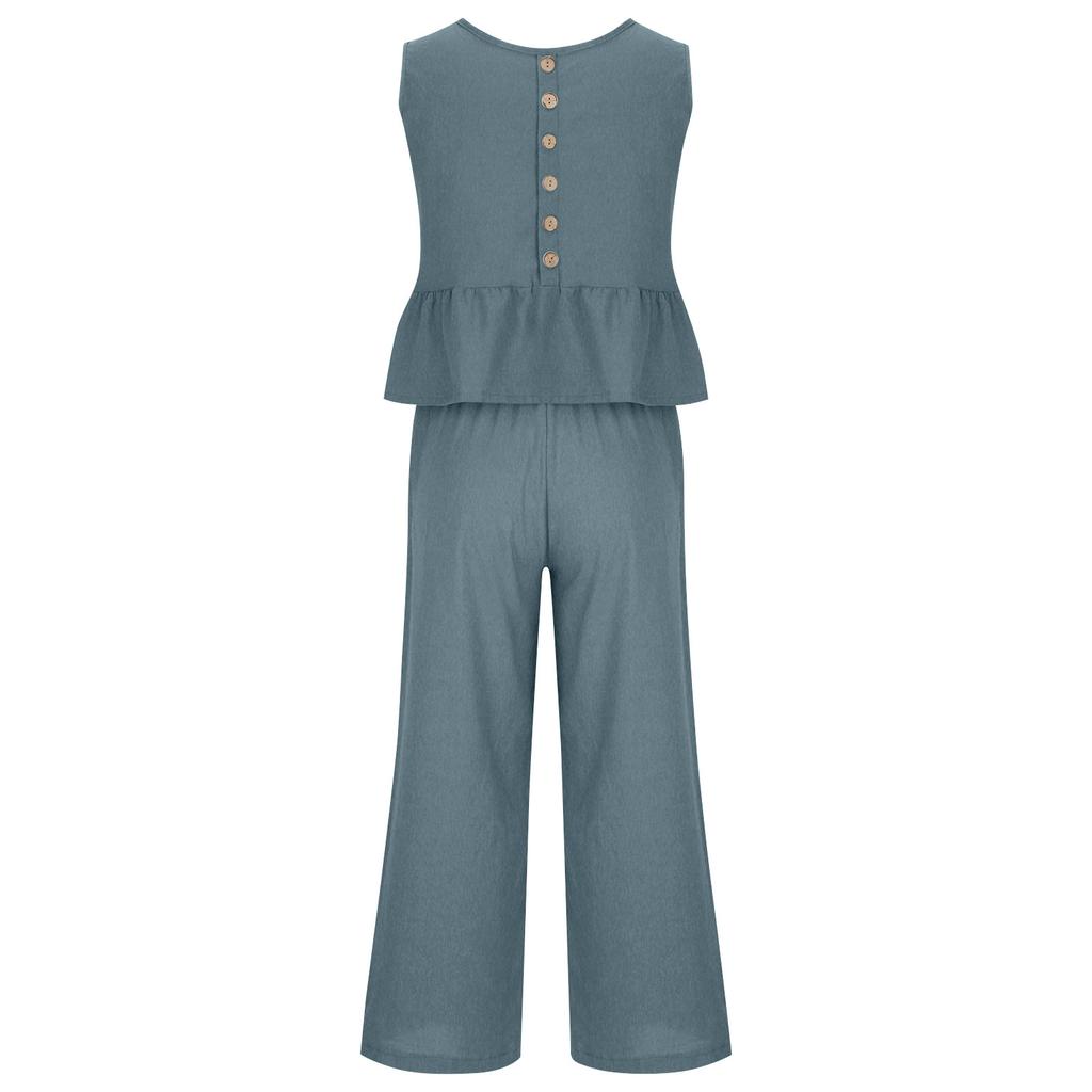Women's Summer 2-Piece Set Sleeveless Ruffle Tank Top Cropped Top And Wide-Leg Pants Loun-ge Set With Pockets