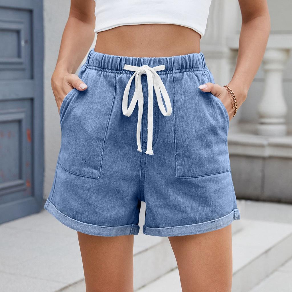 Women's Fashion Solid Color Pocket Curled Edge Elastic Waist Strap Casual Denim Shorts