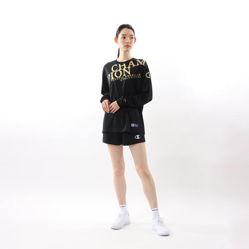 Champion Volleyball Long Round Odor with Black X Gold Men's T-Shirt, Sleeve, Neck, Antibacterial, Resistant, Quick-Drying, One-Point Logo, C3-YV411,