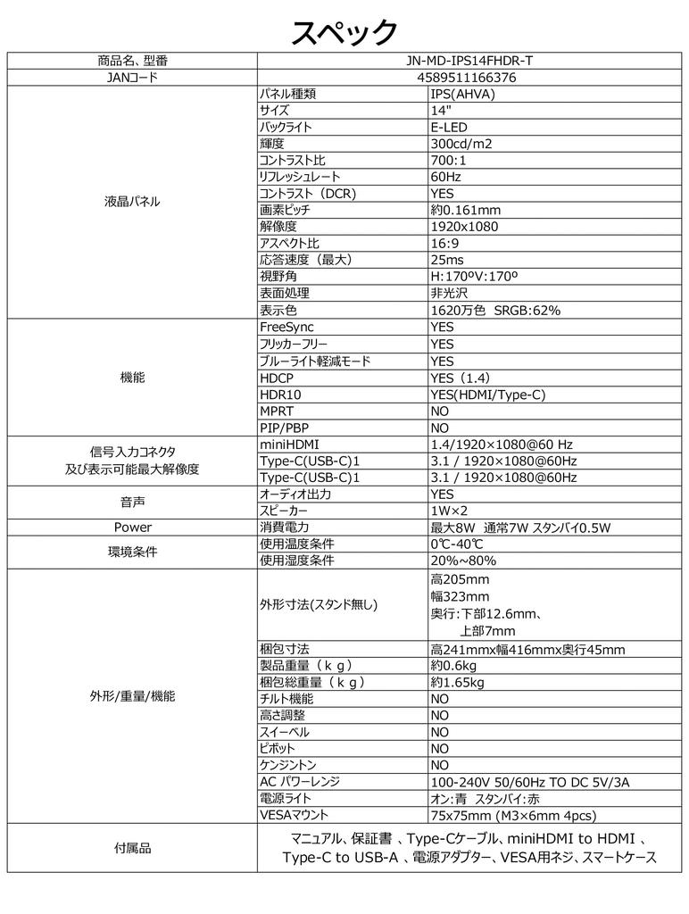 JAPANNEXT Mobile IPS Full HD 1920x1080 Smart Case Included PC 14-inch Monitor, Panel, Resolution, (Type C, Compatible, Built-in Speakers, 100% sRGB,