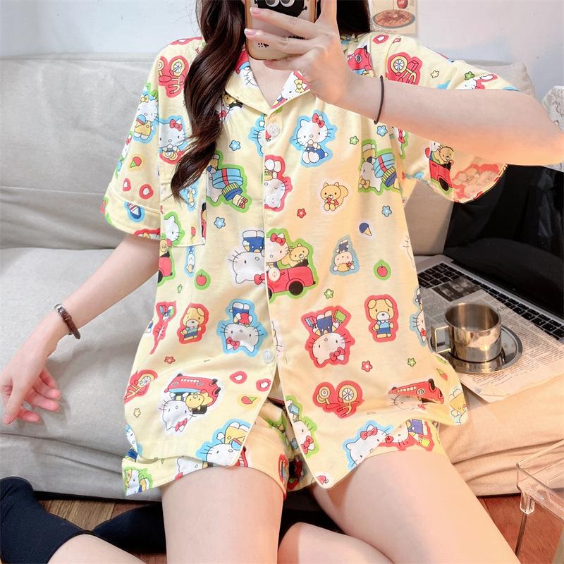 Summer Pajamas Women's Imitation Cotton Korean Cute Cartoon Sweet Student Short-sleeved Loungewear Suit
