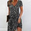 Summer Fashion Women's V Neck Short Sleeve Abstract Art Printed  Dress Sex Short Skirt Dresses
