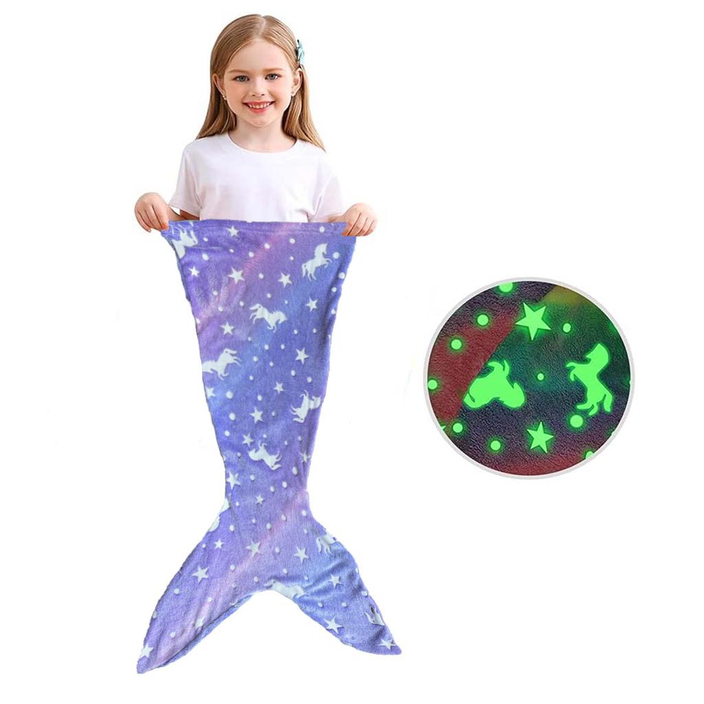 Cartoon Rainbow Unicorn Mermaid Tail Blanket Super Soft Glow in The Dark Flannel Mermaid Tail Blanket Gifts for Girls