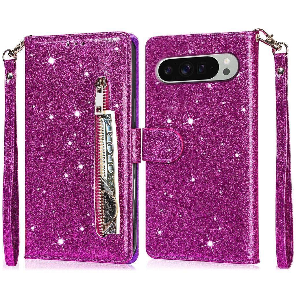 For Google Pixel 9 Pro XL Stand Case Glitter Phone Leather Cover Zipper Pocket