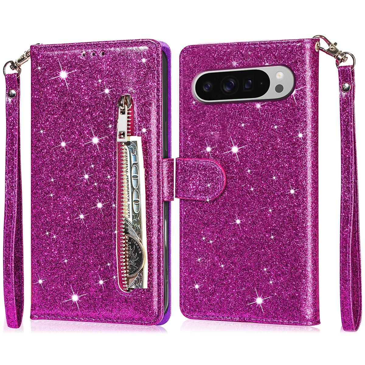 

For Google Pixel 9 Pro/Pixel 9 Stand Case Glitter Phone Leather Cover Zipper Pocket Purple