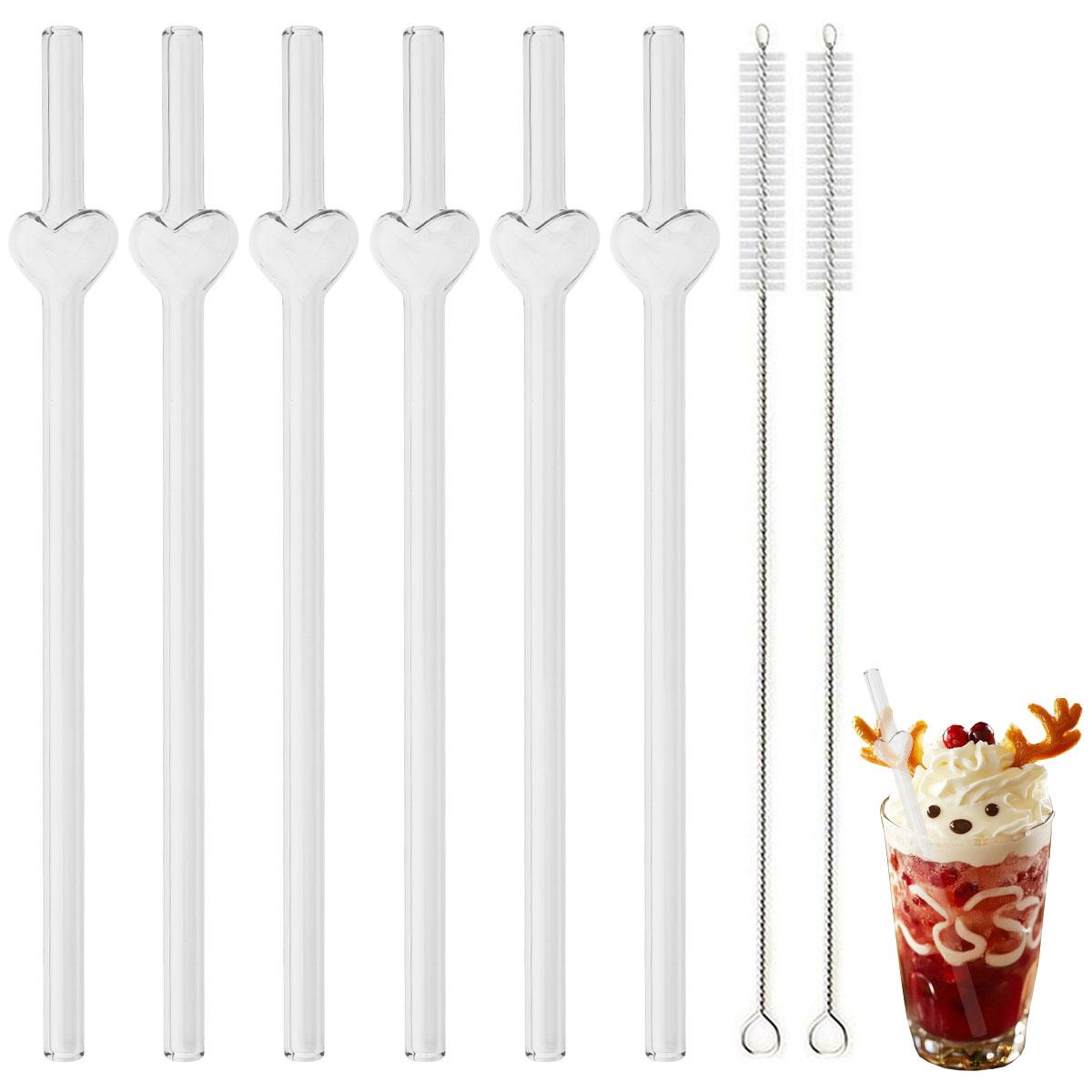 6-piece Reusable Glass Straws Set with Cute Heart Shape Clear Drinking Straws Set Party Fun Straws Include 2 Cleaning Brushes for Cocktail Juice чистый