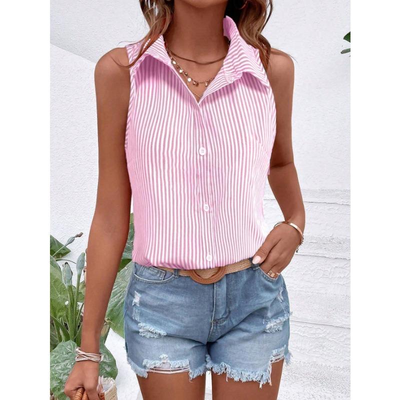 Camicia da Donna a Maniche Corte a Strisce Verdi e Bianche con Bottoni e Collo Top Casual Estivo