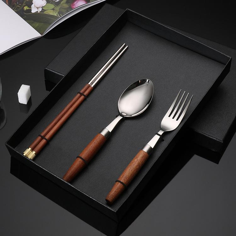 304 Edelstahl Besteck, Gabel, Löffel, Essstäbchen, Holzgriff, Westliches Essen Geschenk, Küchengeschirr komplette Sets