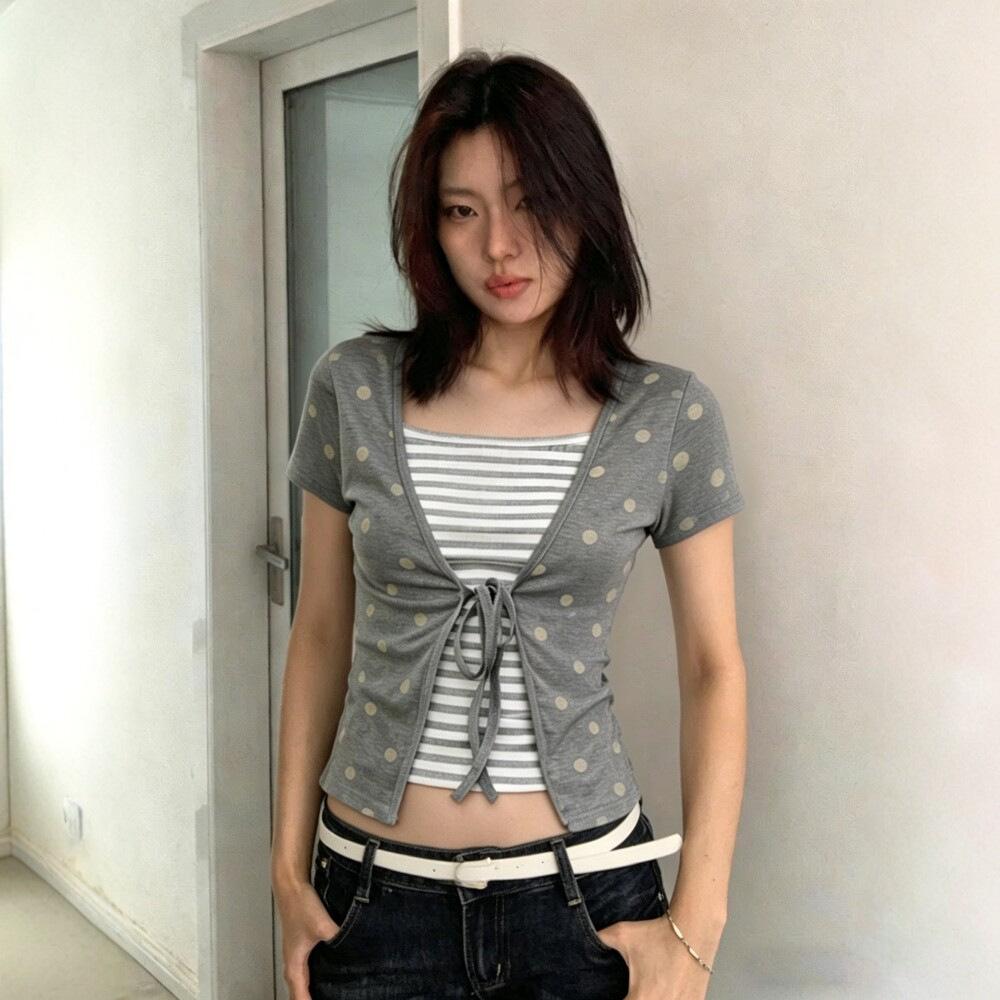 [Keren Cotton Modal] Contrasting color fake two-piece polka dot short-sleeved T-shirt women's summer new slim-fit top trend
