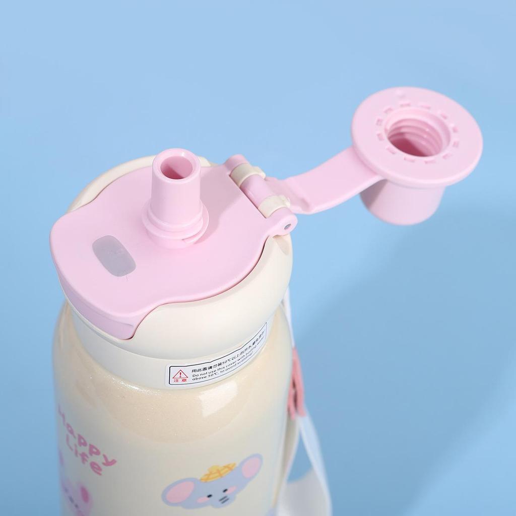 Cute Cartoon Fashion Straw Cup Large Capacity Student Dual Water Bottle, Stainless Steel Insulated Flask, Bow Bear Pattern