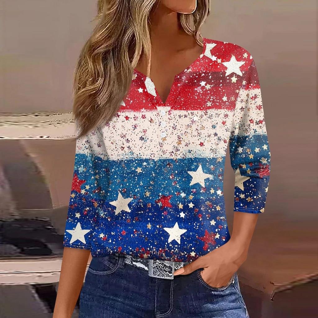 Dam T-shirt Tee Självständighetsdagen Tryckt Knapp 3/4 Ärm Tunika Vardag Helg Mode Grundläggande V-ringning Normal Topp