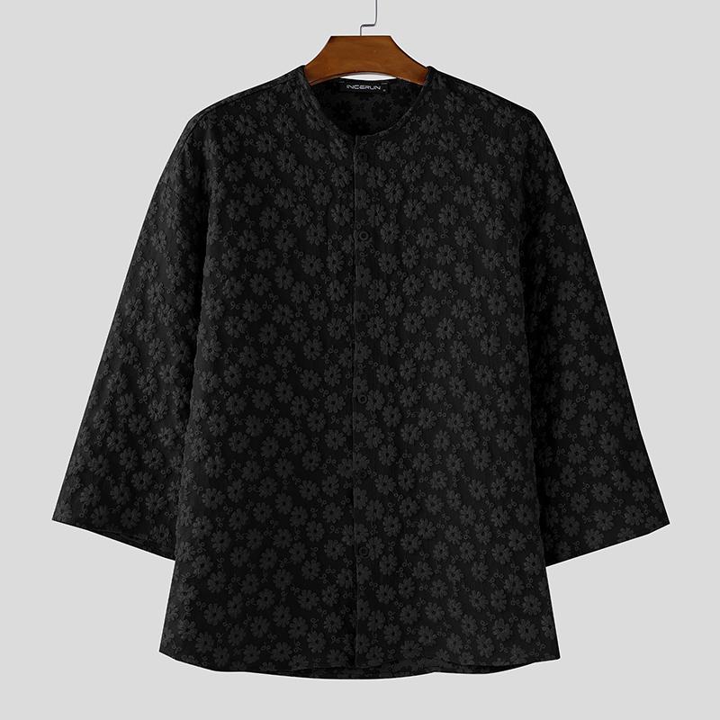 INCERUN Oversized Men Collarless 3/4 Sleeve Flowers Texture Casual Tunic Tops Shirts