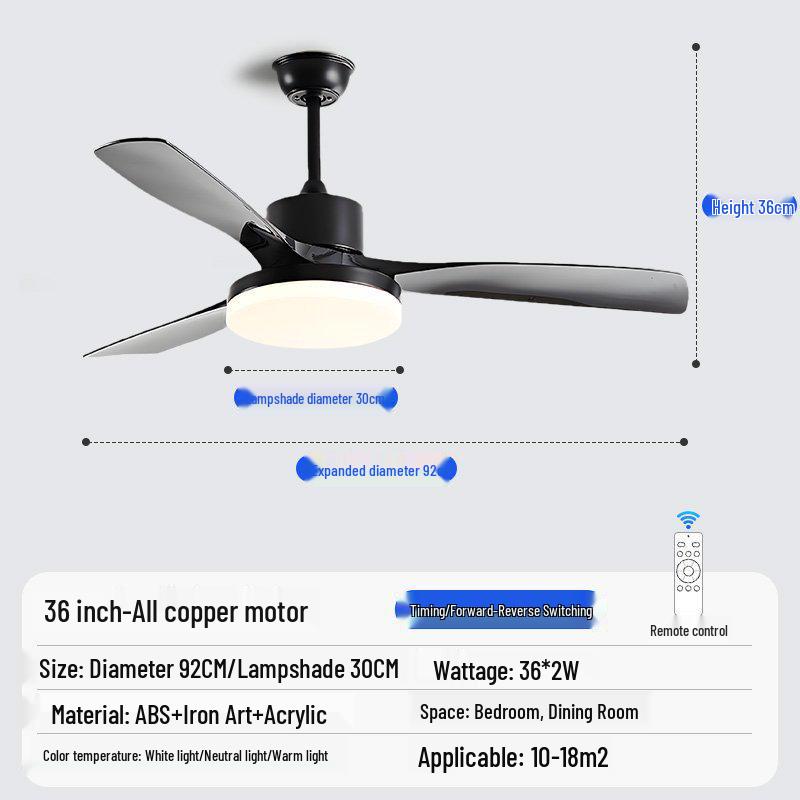 

Vintage 5-Blade Ceiling Fan with Light - Silent Retro Style for Living or Dining Room 3-blade Hanging Pure Black 36-inch
