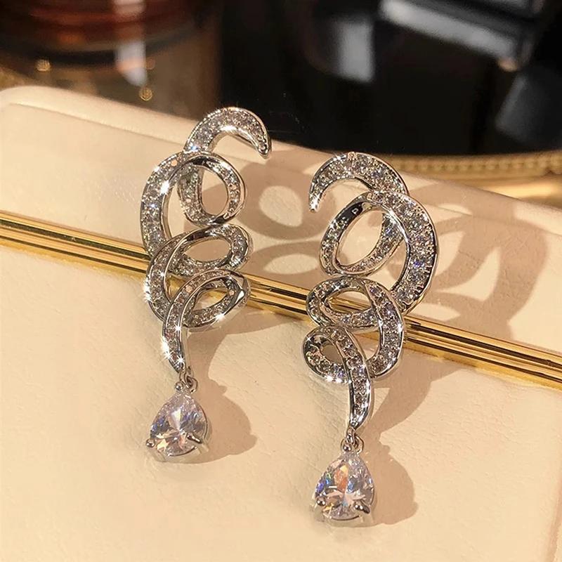 Huitan Trendy Waved Design Long Hanging Earrings for Women Luxury Silver Color CZ Crystal Dangle Earrings Wedding Party Jewelry