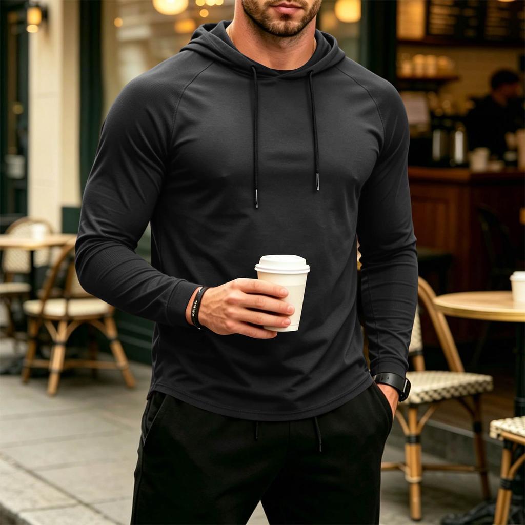 Men's Casual Breathable Hooded Sun Protection Long Sleeve Shirt Lightweight Athletic Pullover with Adjustable Drawstring Hood for Outdoor Activities