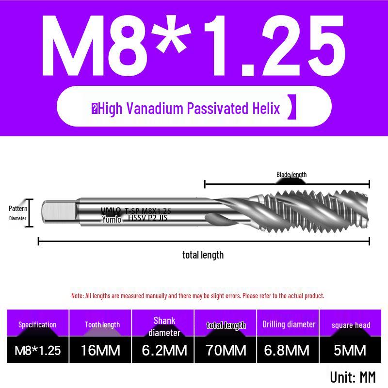 UMLO High Vanadium Spiral Tap Machine for M3-M10 Stainless Steel Tapping