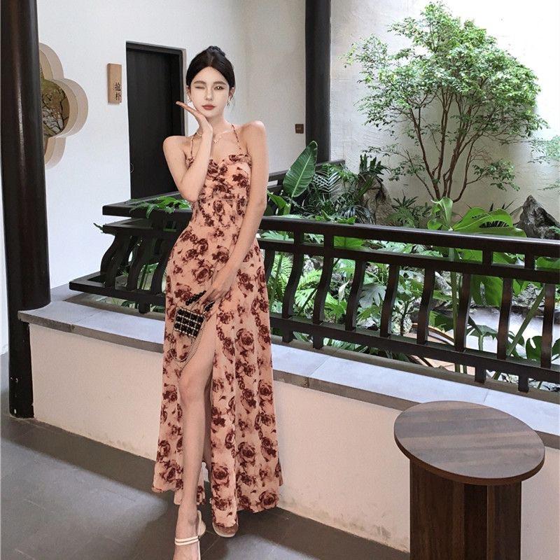 Elegantes französisches Blumenmuster Maxikleid - Sommer, rückenfrei, mit Schlitz und Spaghettiträgern, Trendig und sexy für Damen