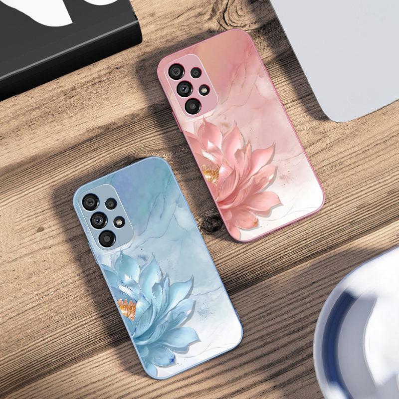 Side Lotus White For Samsung Galaxy S10 4G S20 11E 30 S21 21Fe 22 S24 Pro S23 Ultra 5G S8 S9 Tempered Glass Phone Case