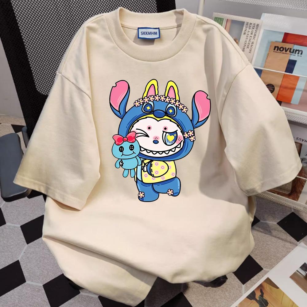 New LABUBU Cartoon Print Short Sleeved T-shirt Women's Round Neck Top Cute Loose Casual Fashion Daily