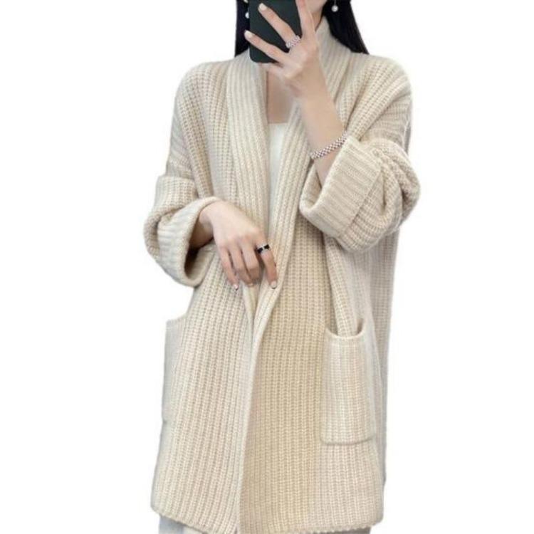 Fall Winter Womens Cardigan Sweater Lapel Open Stitch Knit Loose Thick Warm Soft Elastic Long Sleeve Mid Length Coat Jacket Plus Size Pockets