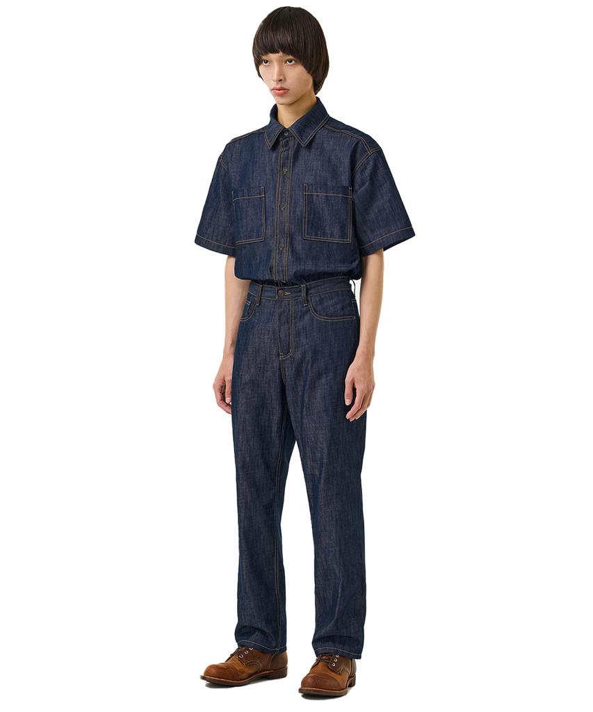 LAUGHER [Summer][Non-Fade] Two-Pocket Denim Work Shirt Short Sleeve - Deep Blue