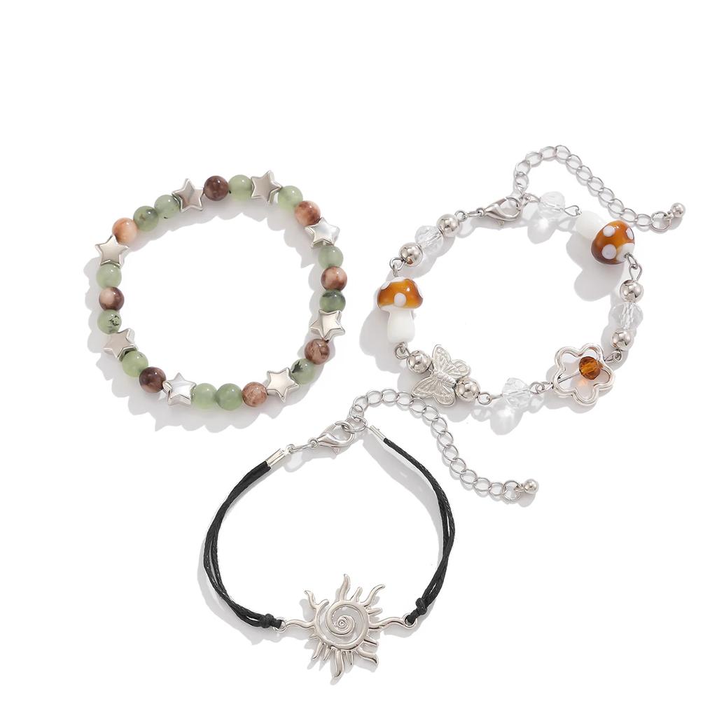 New 3Pcs Kpop Mushroom Butterfly Chain Bracelets Set for Women Summer Wed Bridal Boho Flower Bead Charm Bangles Y2K Jewelry