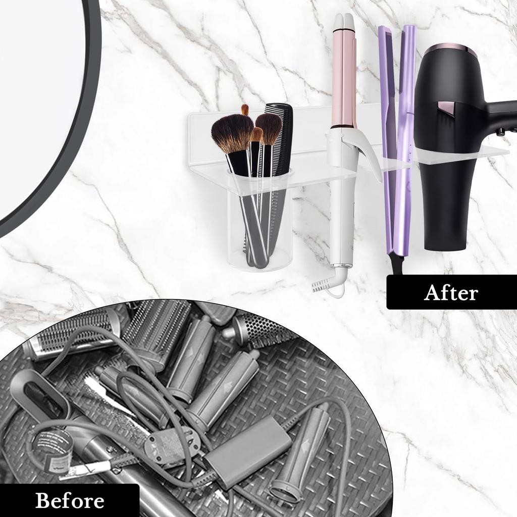 Linkidea Blow Dryer Acrylic Hair Dryer Stand with Storage Multifunctional Hair Dryer Rack for Dyson Hair Curling and Hair Straighteners Wall-Mounted