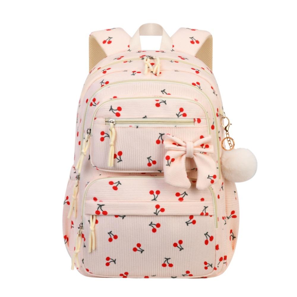 Corduroy Three-Piece Backpack Cherry Pattern Girl Heart Large Capacity Lightweight Backpack