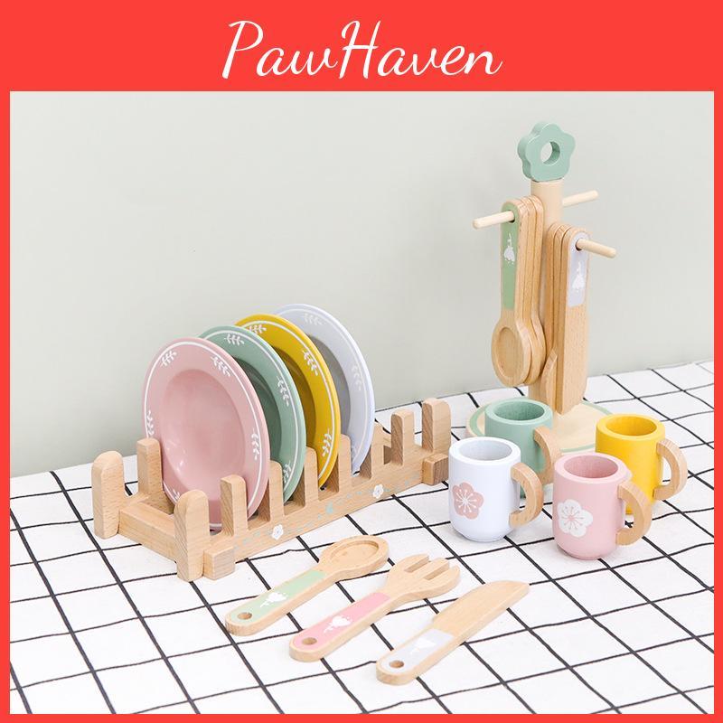 Holz-Spielküchen-Set mit Spielgeschirr für Kinder, pädagogisches Rollenspiel