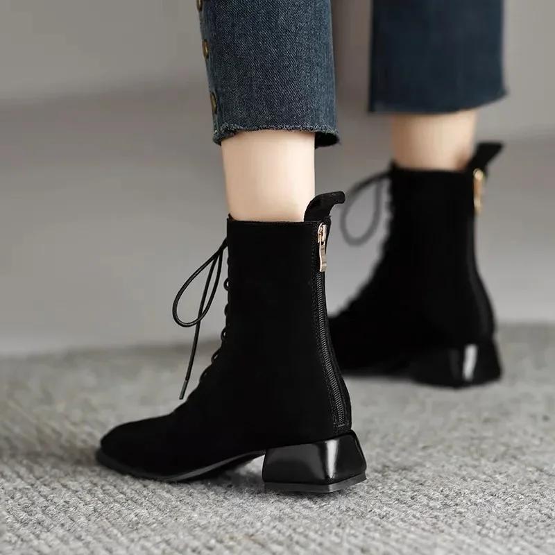2025 Fashion Women's Shoes Back Zip Women's Boots Fashion Front Lace-up Modern Boots Women Hot Sale Square Heel Ankle Boots