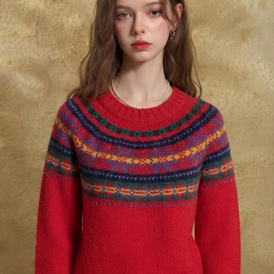 Retro Red Fair Isle Round Neck Knit Sweater - Autumn Winter Lazy Style