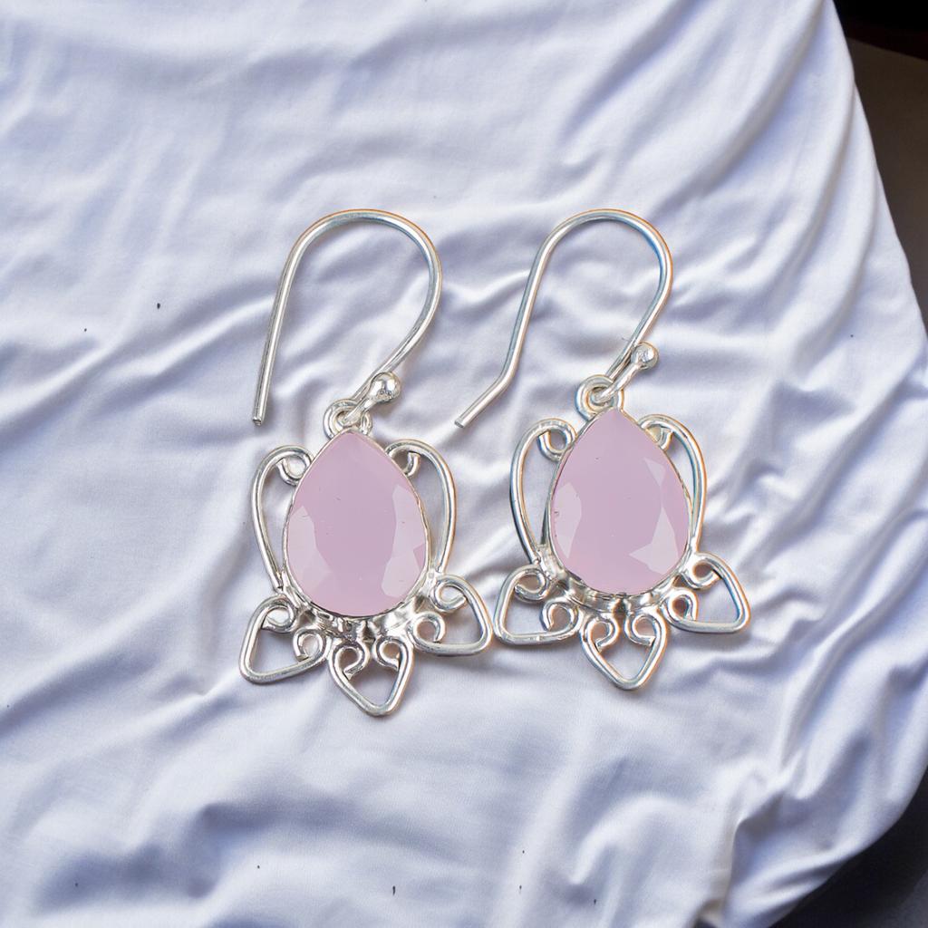 Rose Chalcedony Gemstone 925 Sterling Silver Stylish Jewelry Earrings For Sister EE-40-15