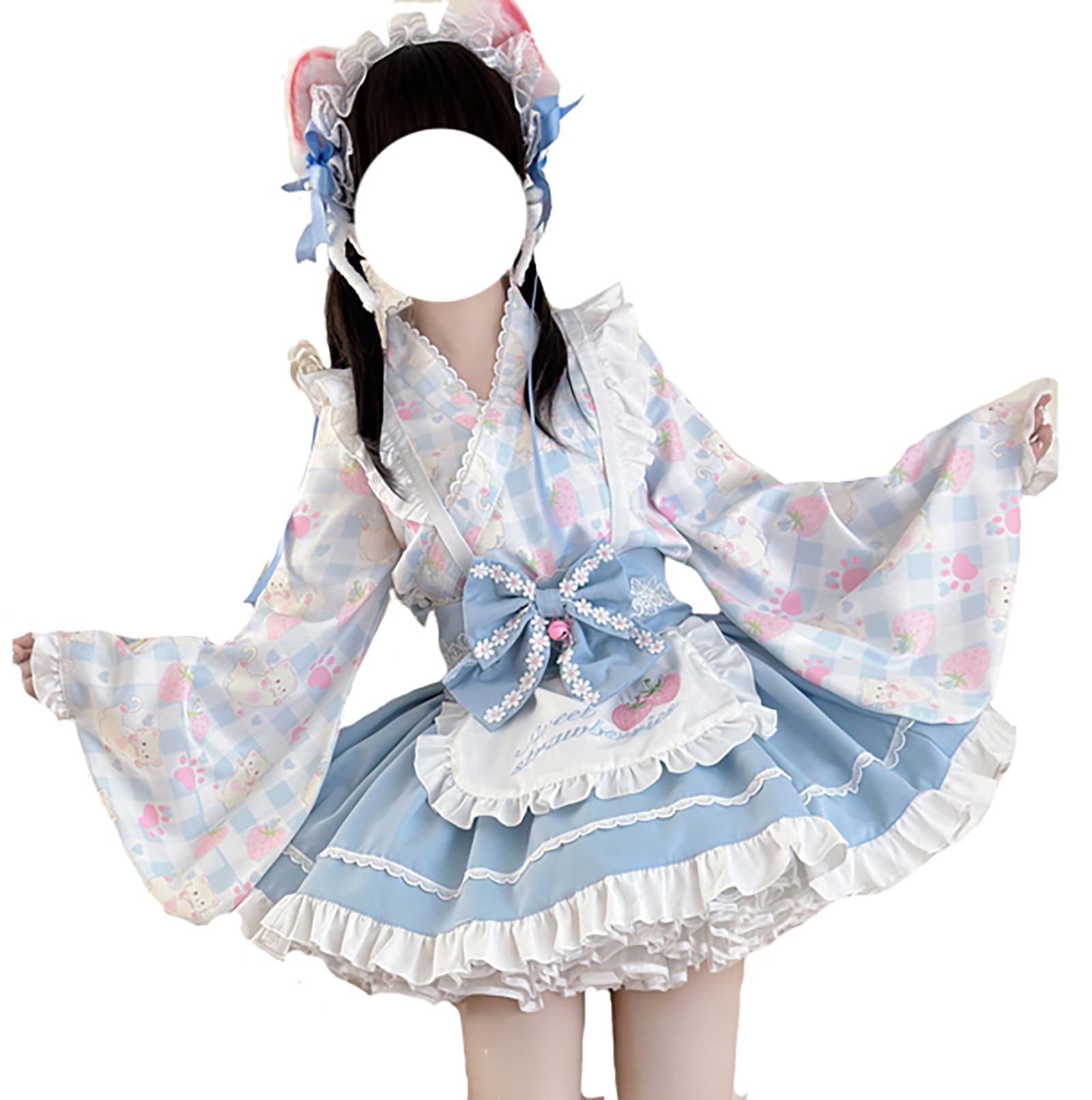 

Комплект платья XHSUKADO включает мини и длинное клетчатое светлое размера M женское кимоно/юката из 4 предметов (Лето / Осень), Топ, Юбка, Фартук, Оби, Лента. Мило, синий