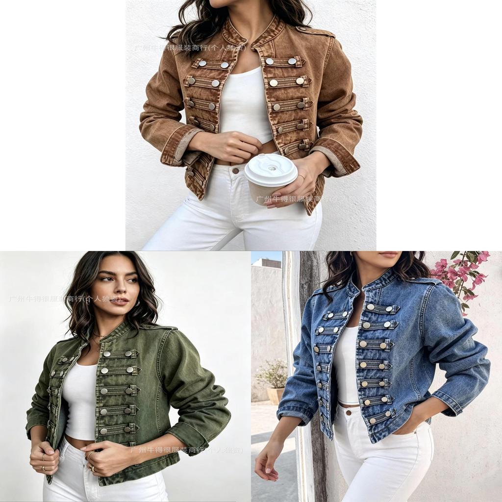 Giacca di Jeans da Donna con Collo Alto e Maniche Lunghe Moda Estiva Casual