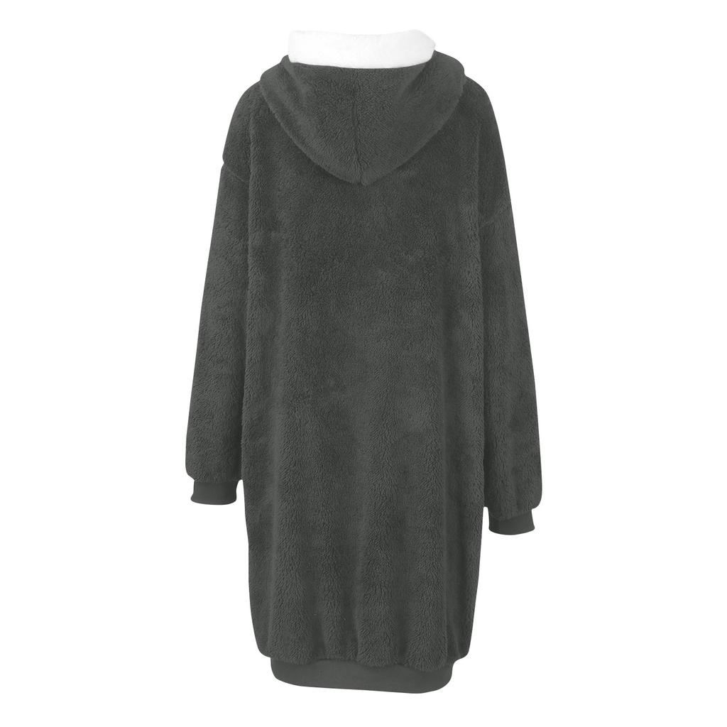 Kvinners middels lengde ensfarget dobbeltsidig plysjlomme hettefrakk