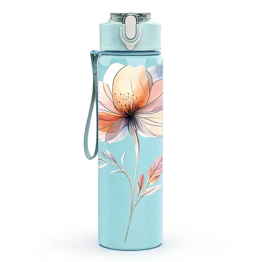 1PC Single Soft Pastel Poppy Flower Print 750ml Color Plastic Sports Water Bottle Leakproof Flip Straw Lid Suitable for Sports Office Home Use