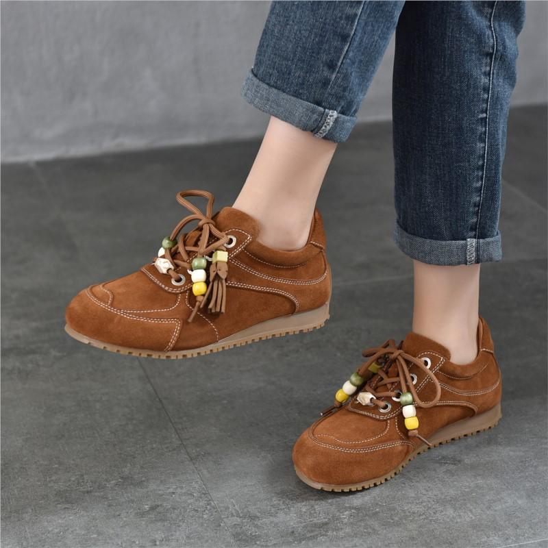Johnature Retro Flats With Beaded Genuine Leather Lace-up Soft Soled Lightweight Women's Shoes