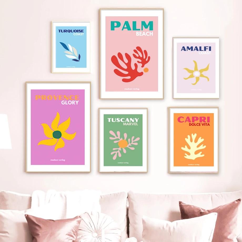 Massivholzrahmen Abstrakte Palmblattkoralle Reise Bunte Vintage Poster und Drucke Nordischer Stil Leinwandmalerei Wandkunst Wohnzimmerdekoration