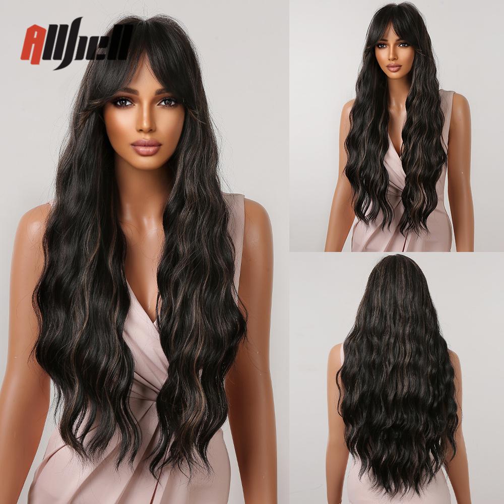 Long Wavy Black Ombre Brown Wigs With Bangs Synthetic Natural Wave Wig for Black Women Heat Resistant Fake Hair Cosplay Wig