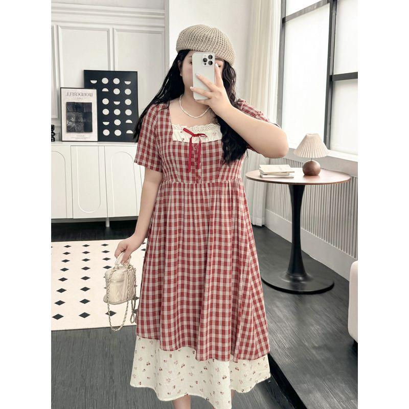 Plus size women clothing [Idyllic Dream] Chubby Girl Slimming Red Plaid Dress Lace Stitching Cherry Floral Dress