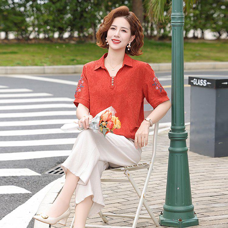 Women's Casual Summer Lapel T-Shirt - Short-Sleeved, Thin, Loose Fit for Middle-Aged and Elderly