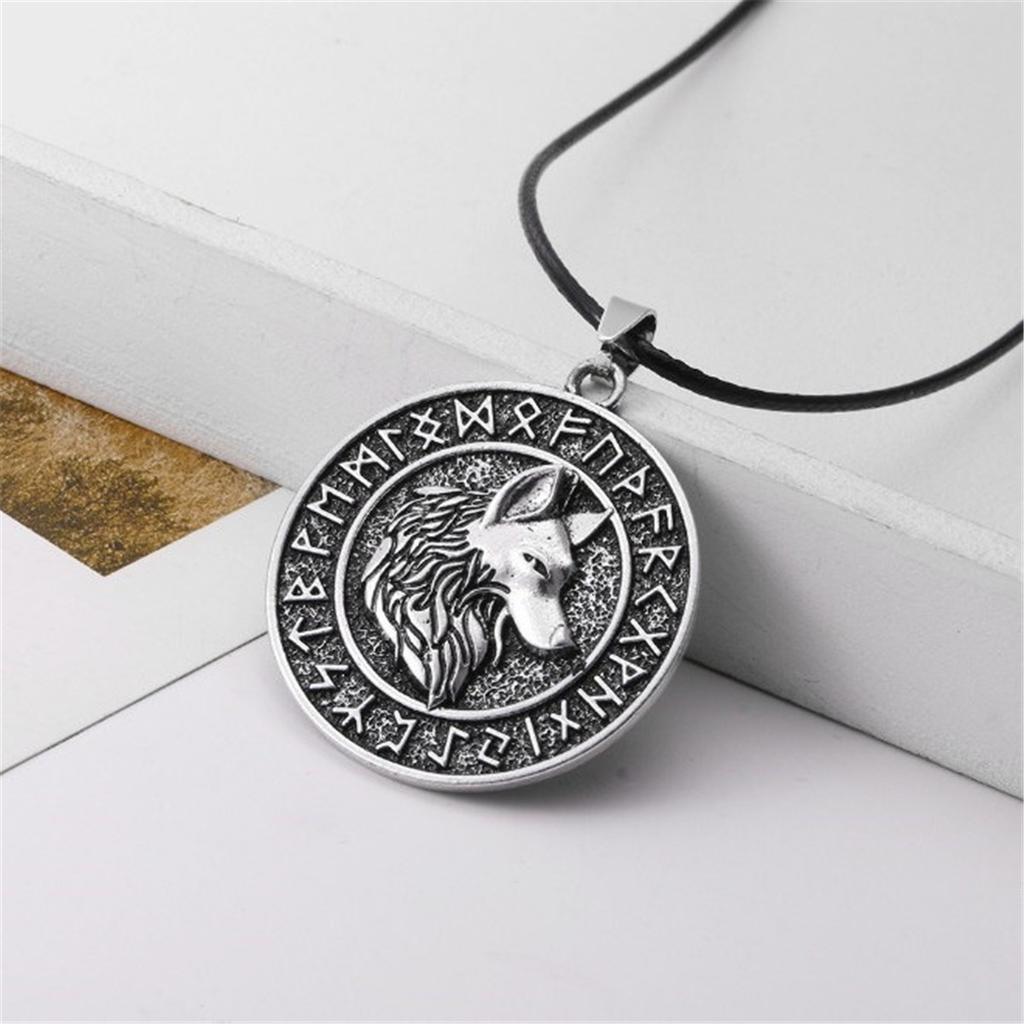 Men Fashion Vintage Silver Norse Viking Letters Wolf&Vegvisir Rune Amulet Alloy Pendant Necklace