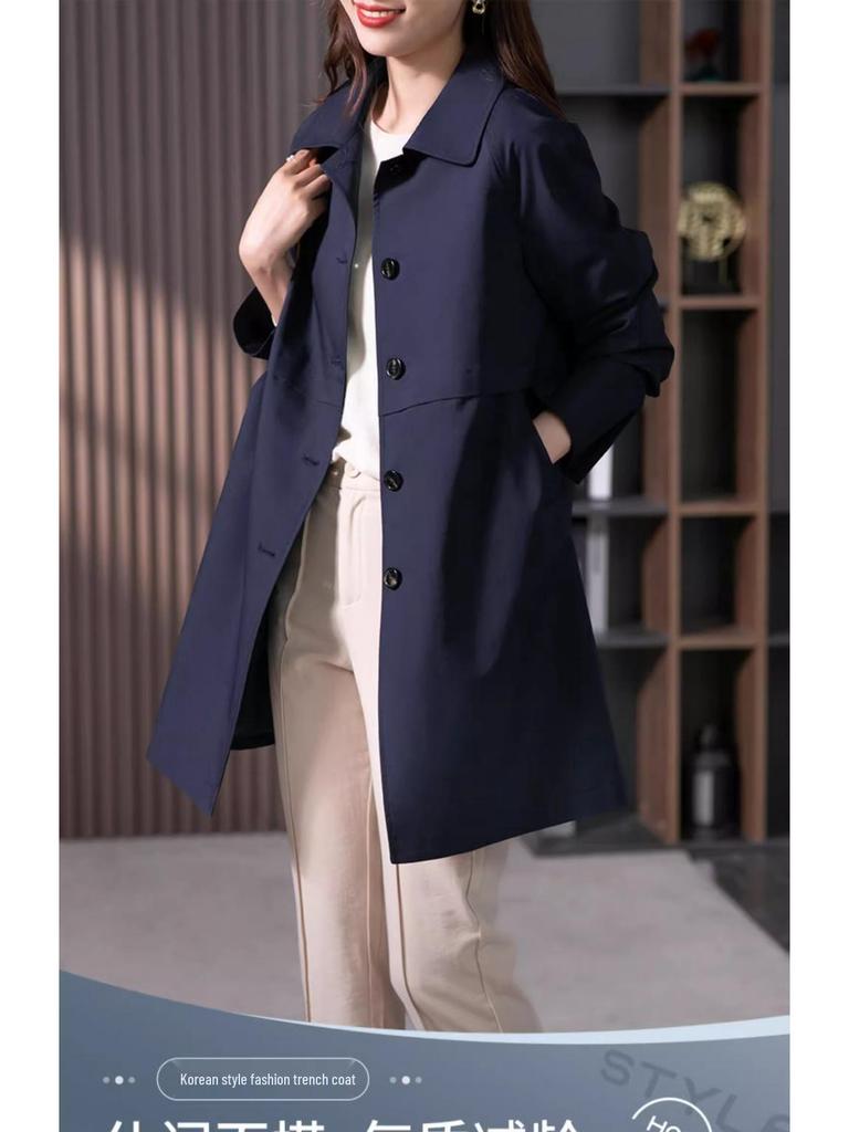 Women's British Style Mid-Length Trench Coat - 2025 Korean Edition for Spring & Autumn, High-End Straight-Cut Design
