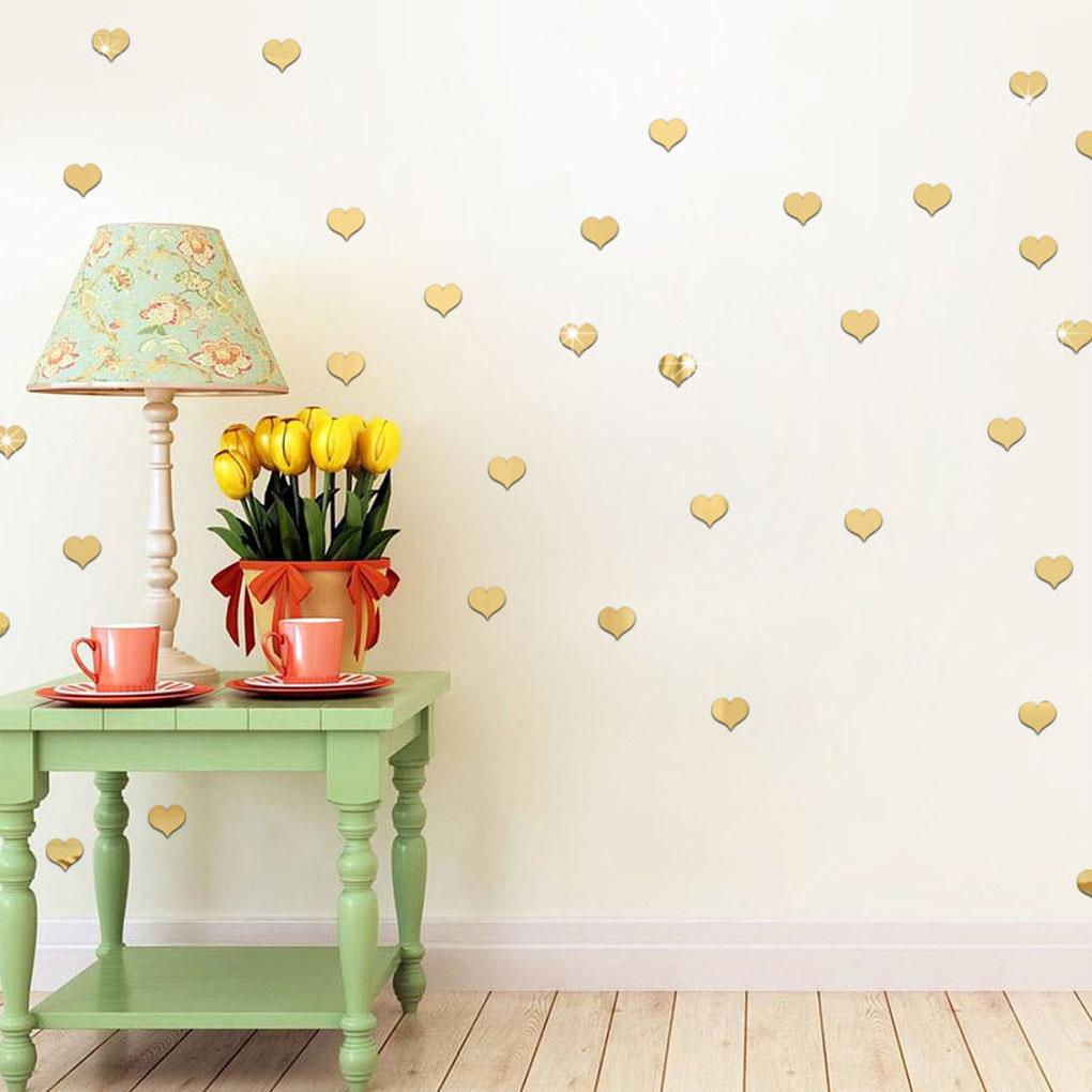 100Pcs Wall Decoration Mirror Acrylic Heart Sticker Self-adhesive 3D Decal for Kids Bedroom Living Room