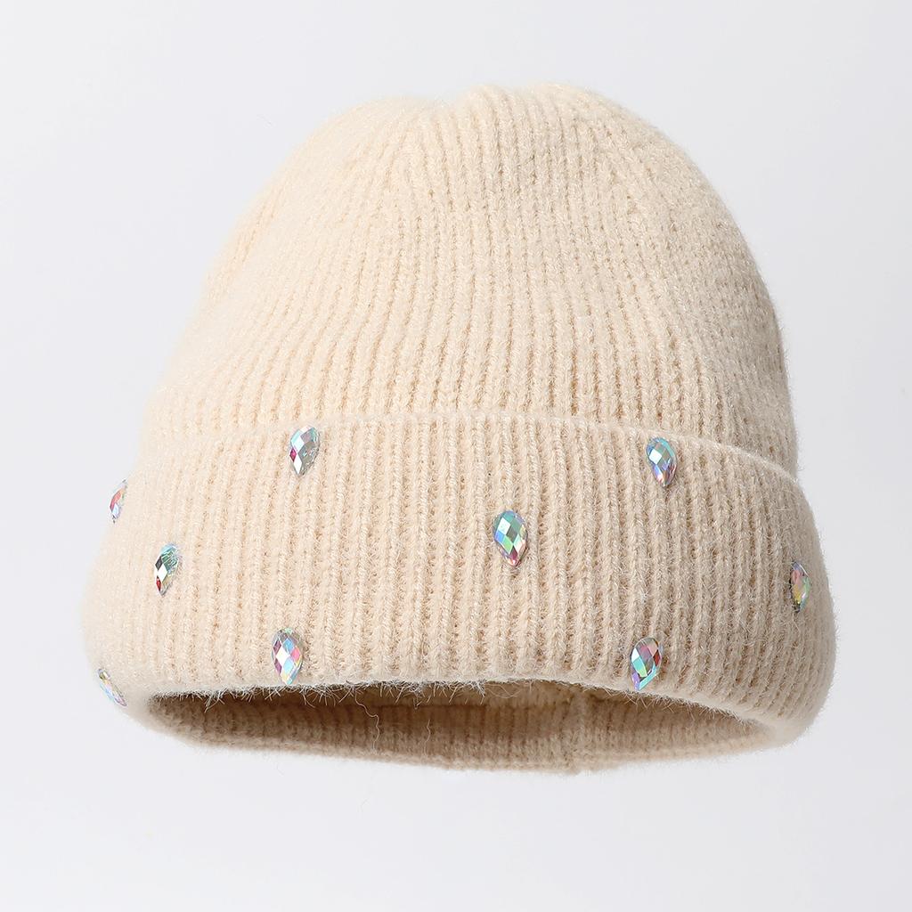 Knitted Hat Solid Color Versatile Thermal Elastic Pullover Hat Rhinestone Cold-Proof Hat